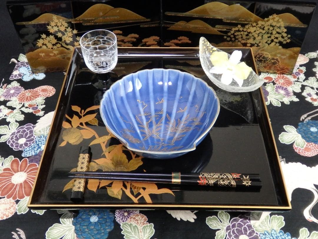 古伊万里　瑠璃色　貝の図　貝型変形皿　５枚　C803AS-BTp