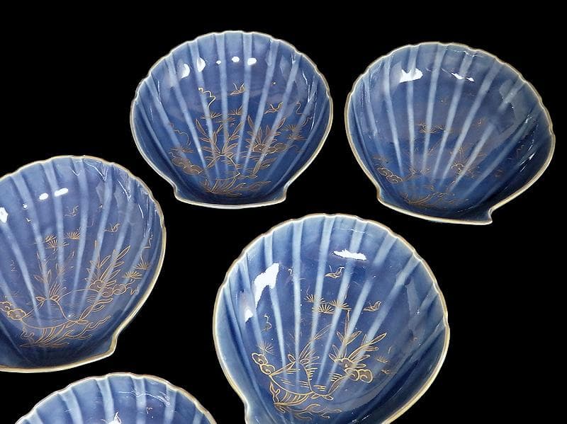 古伊万里　瑠璃色　貝の図　貝型変形皿　５枚　C803AS-BTp