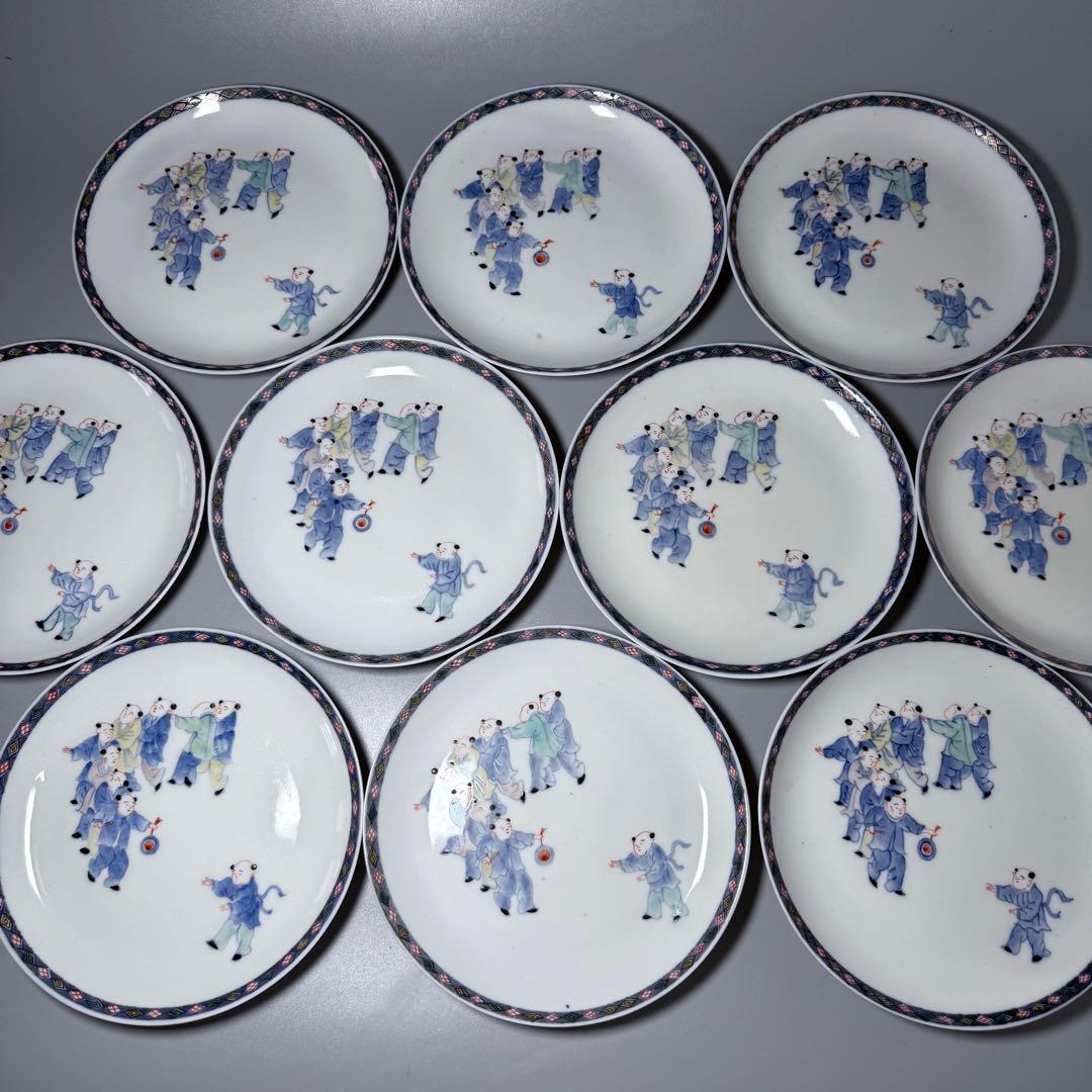 大正〜昭和前期　山口森太郎　最上位作　瀬戸口富右衛門窯　染錦　戯唐子絵皿　十枚