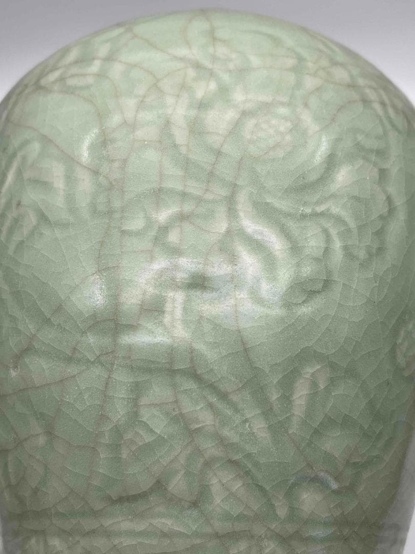 宋時代　龍泉窯　梅子青 青磁 刻牡丹花文大梅瓶 花入　花瓶　茶道具(B-20)