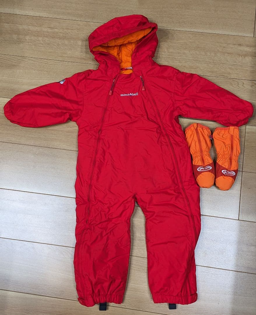 mont-bell ベビー用スキーウェア 90 赤 手袋付き