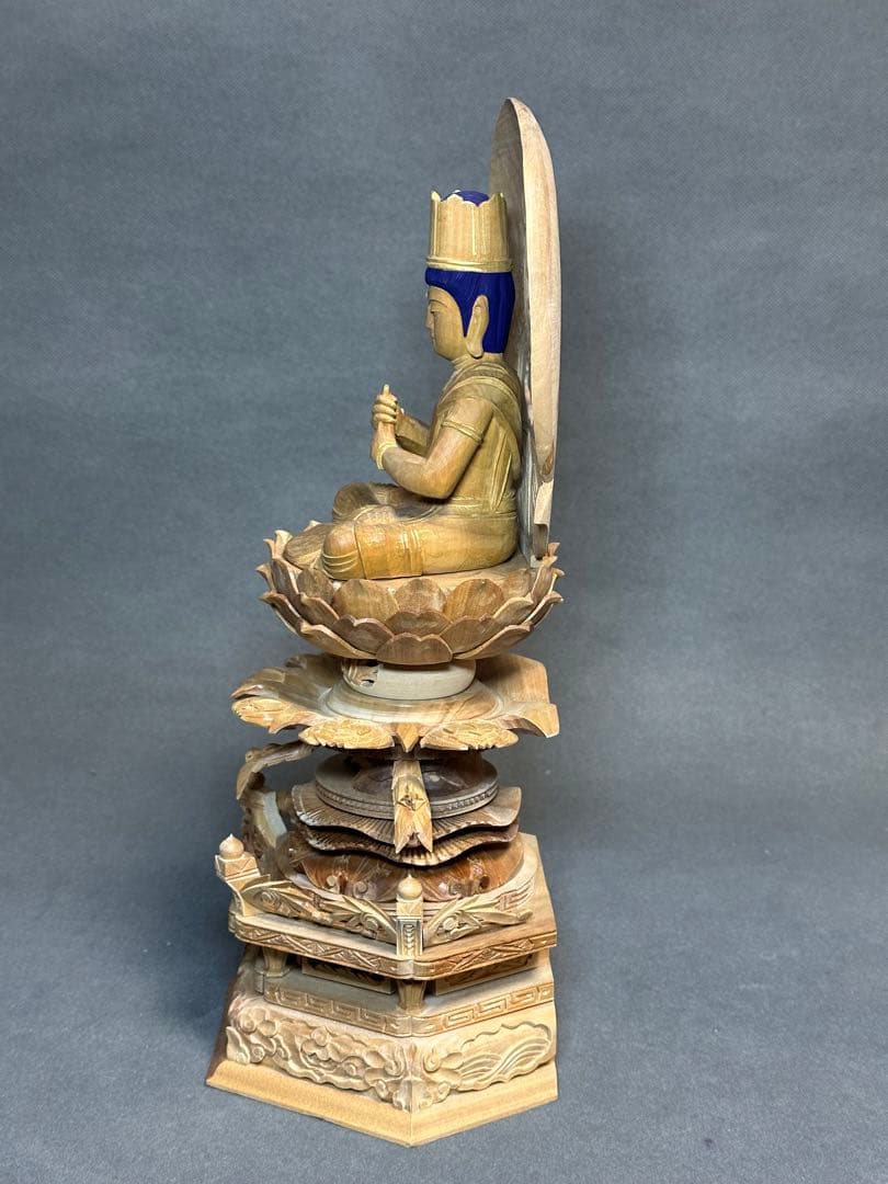 白檀　金泥書　大如来3寸　六角ケマン台　木彫り　仏像　アンティーク　置物　骨董