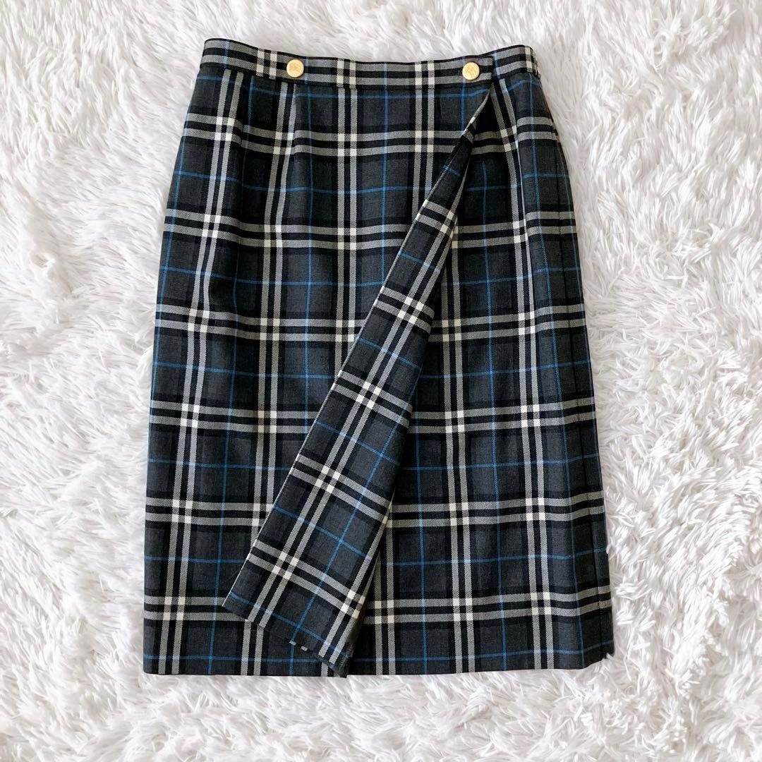 BURBERRY 15号 ラップスカート ノバチェック タイト 金ボタン LL
