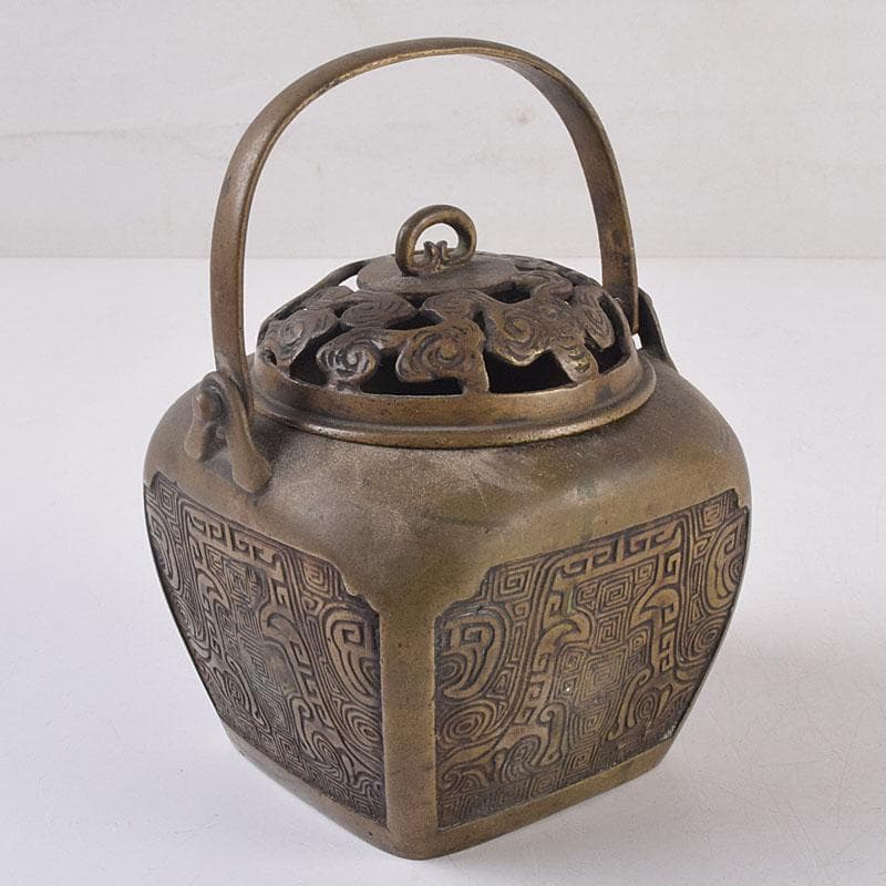 中国　古銅　饕餮文　持ち手付　墨壷　透かし蓋香炉　V　R8871