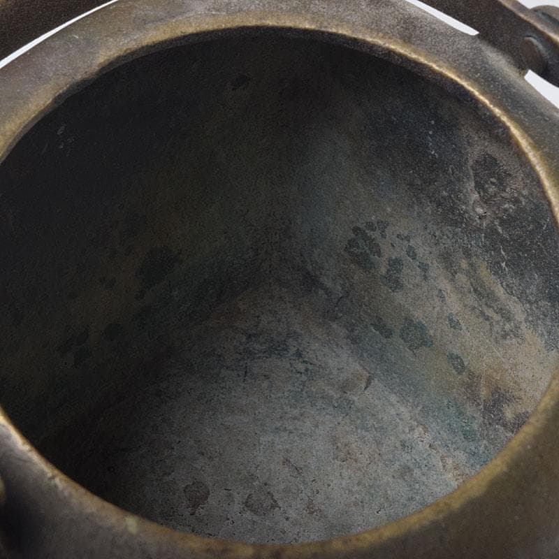 中国　古銅　饕餮文　持ち手付　墨壷　透かし蓋香炉　V　R8871