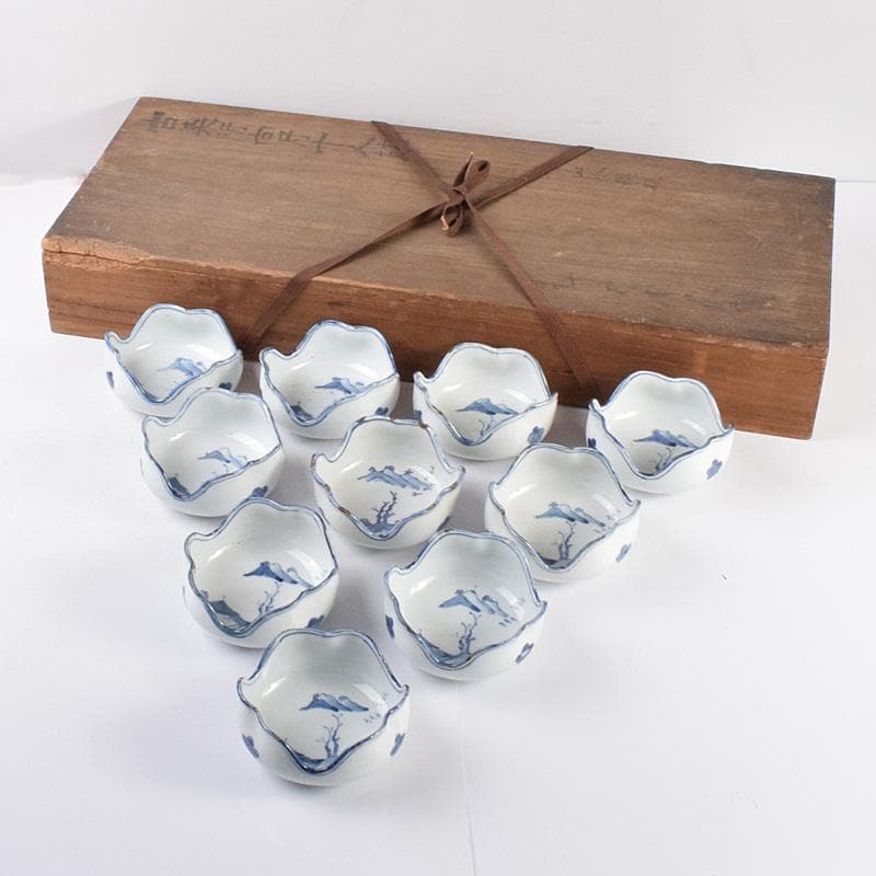 中国　古染付　山水文　向付　十人前　時代箱付　D　3915C