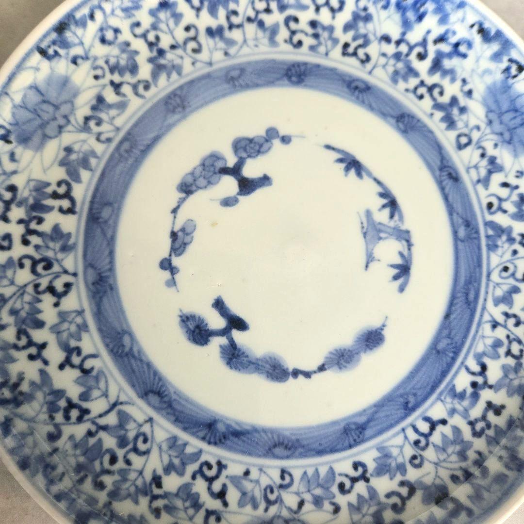 古伊万里　染付　六寸皿　江戸時代　花唐草　金直し　金継ぎ　骨董　アンティーク