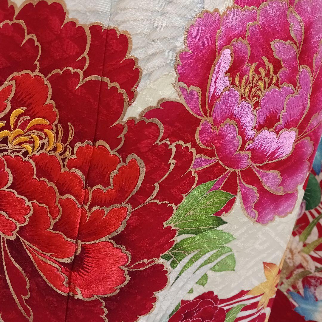 豪華　牡丹×鶴　振袖フルセット　クリーム色