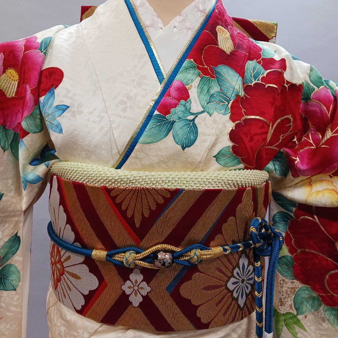 豪華　牡丹×鶴　振袖フルセット　クリーム色