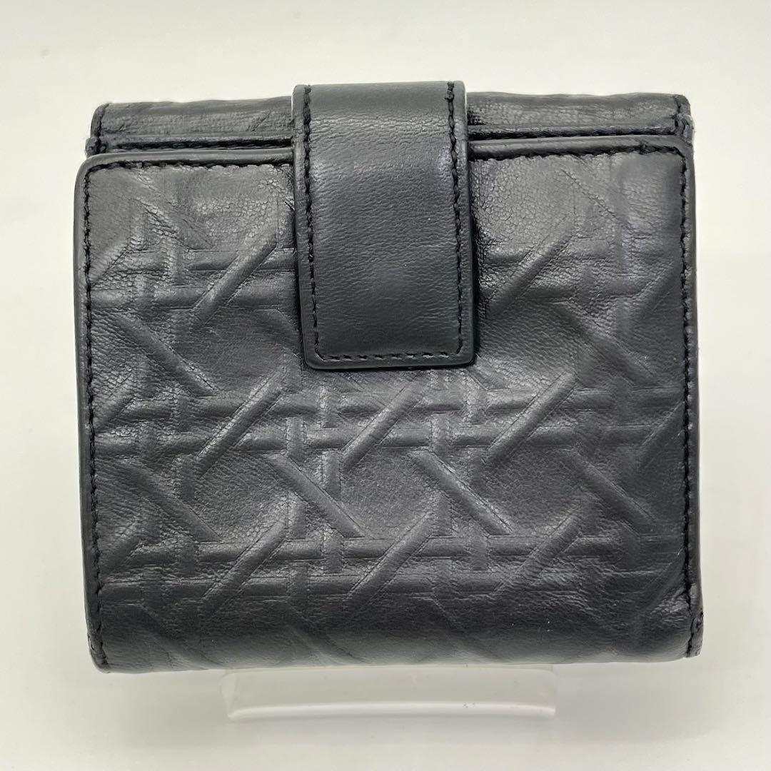 クリスチャンディオール 二つ折り財布 ロゴ金具 エンボス 黒 レザー 男女可能