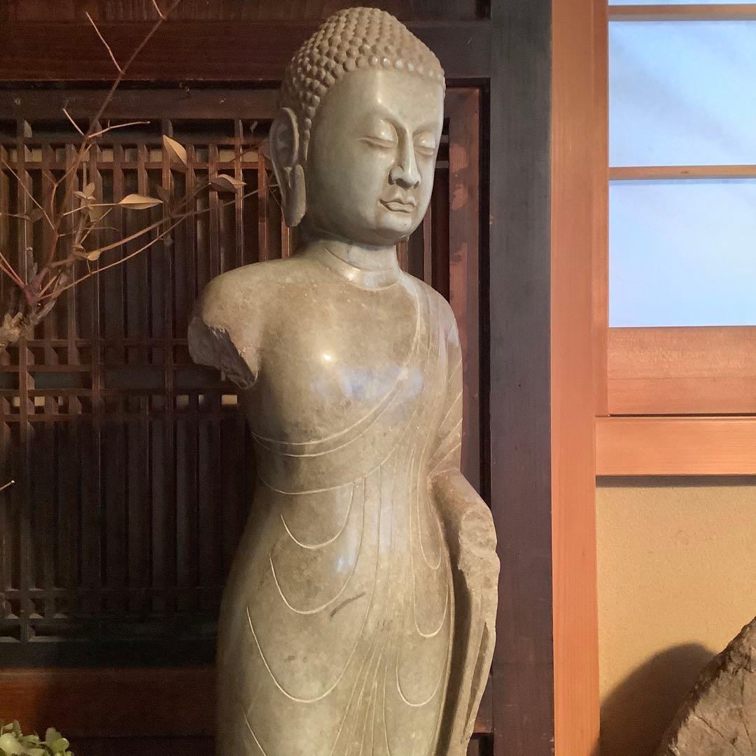 北魏・石仏「阿弥陀如来立像」南北朝時代・北斎・中国古代緑玉・隋極上青石細工彫刻