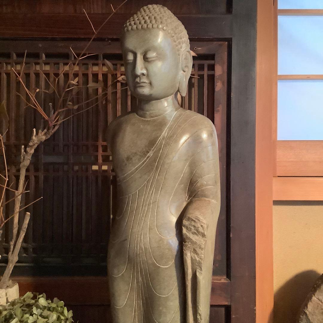 北魏・石仏「阿弥陀如来立像」南北朝時代・北斎・中国古代緑玉・隋極上青石細工彫刻