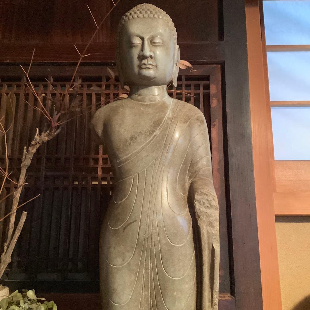 北魏・石仏「阿弥陀如来立像」南北朝時代・北斎・中国古代緑玉・隋極上青石細工彫刻