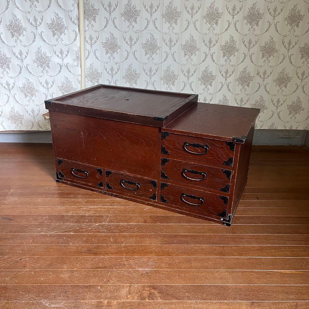 【アンティーク】昭和レトロ 木製 関東火鉢 長火鉢 引き出し付 囲炉裏 古道具