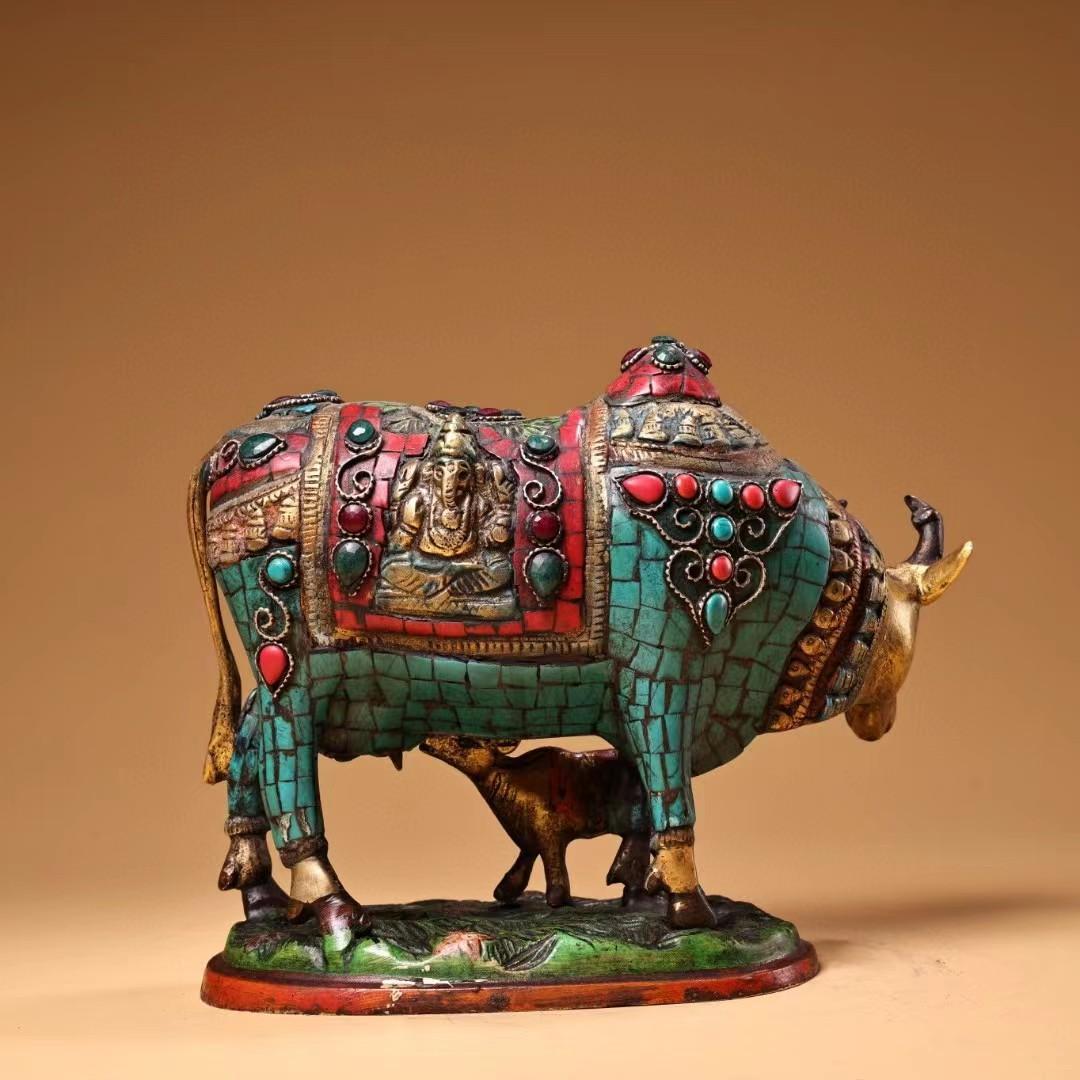 中国古美術・旧蔵チベット純銅親子牛の平安牛・純手作り・彩絵描金・置物・案頭・文房