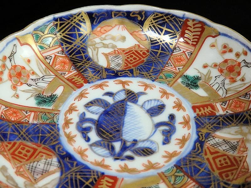 古伊万里　金襴手　富士に梅　笹に柘榴の図　４寸皿　５客　上手　145AS-CBh