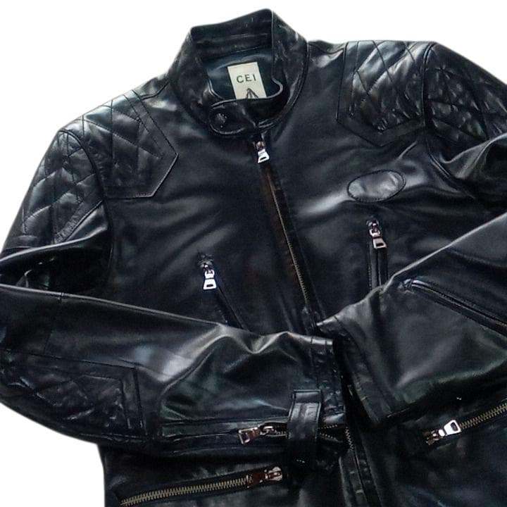 美品 BEAMS CEI パテント ラムレザー ライダース M 黒 ビームス