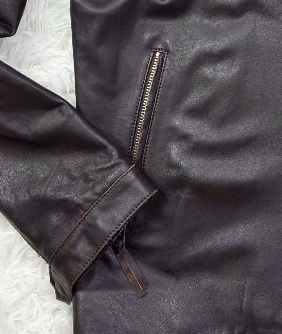 美品　プリティーグリーン　オールレザー　シングルライダース　XL　ブラウン