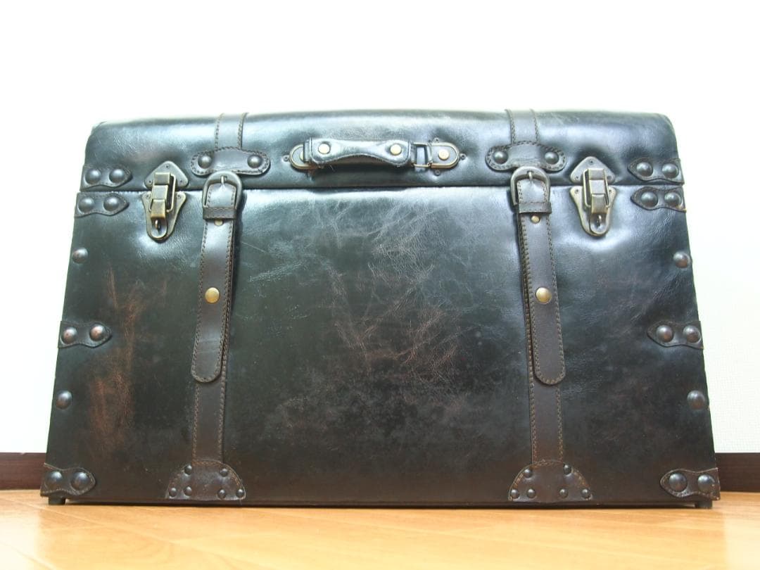 【良品】鋲打ち/革張り 収納スツール/椅子/ベンチ/レコードケース 黒/ブラック