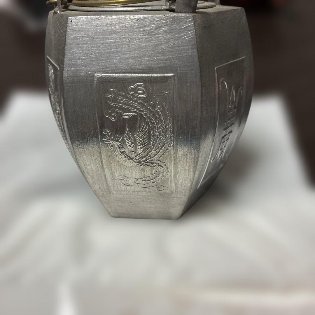 八角形茶釜 龍彫刻 金属製
