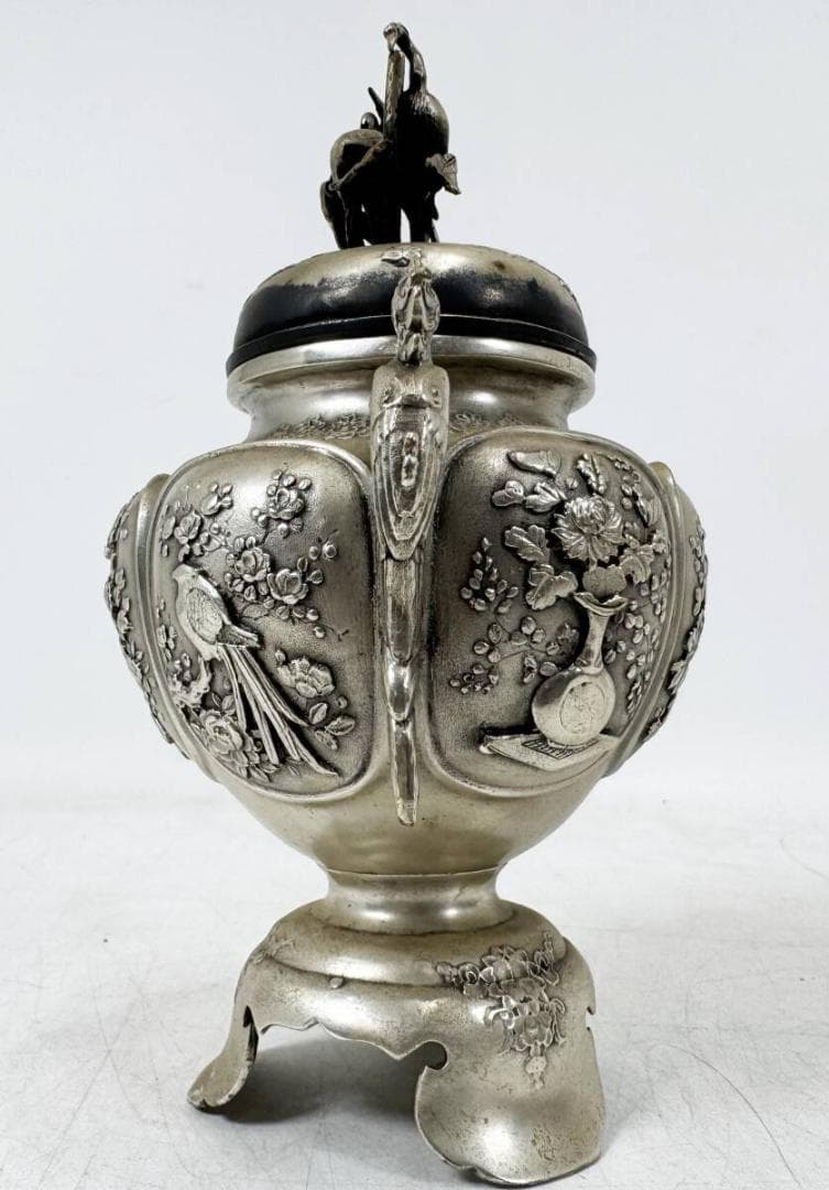 稀少　香炉　銀製品　精密彫　双鶴花鳥三足香炉　骨董　古美術　茶道具　古道具