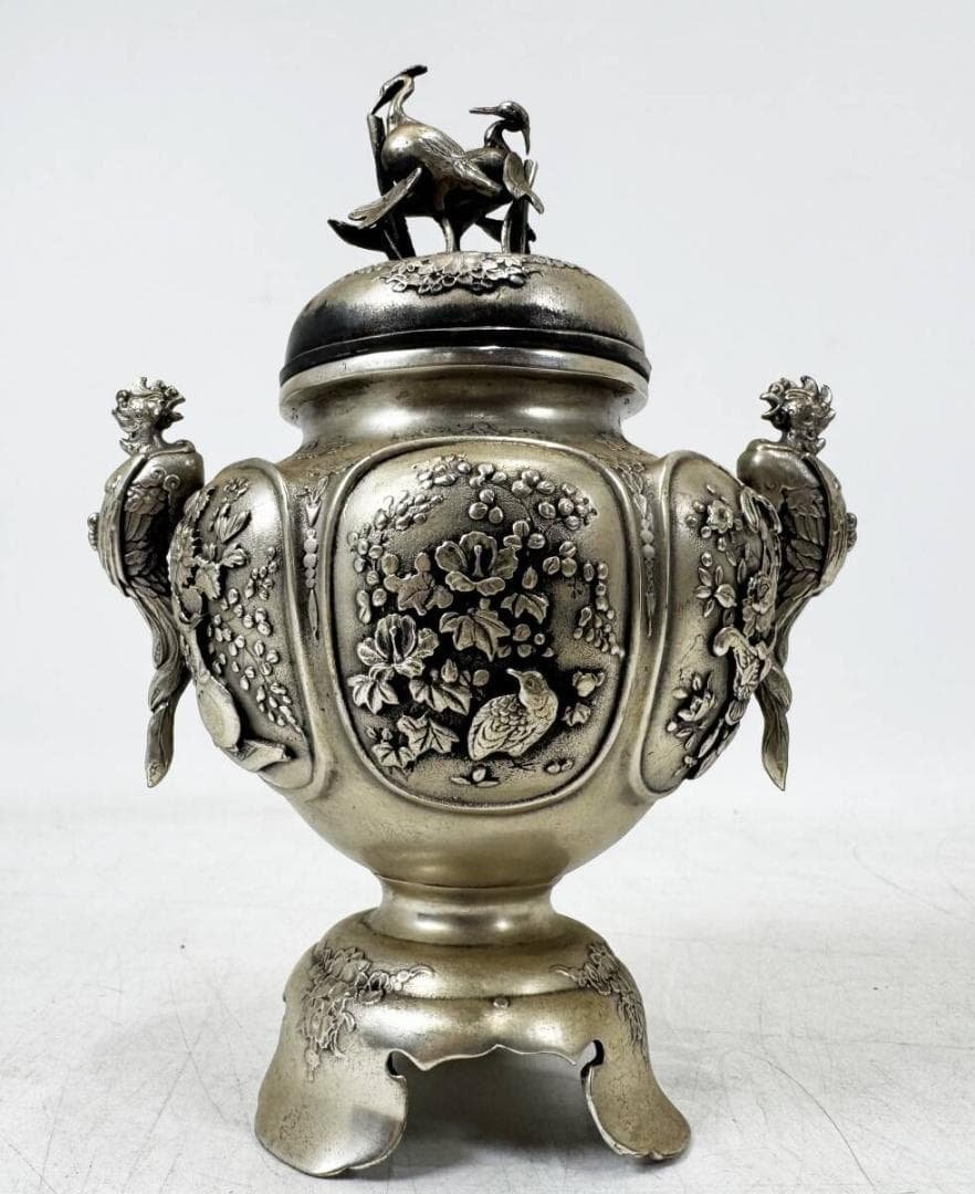 稀少　香炉　銀製品　精密彫　双鶴花鳥三足香炉　骨董　古美術　茶道具　古道具