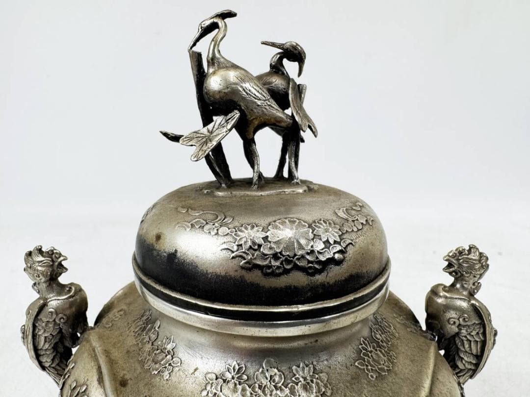 稀少　香炉　銀製品　精密彫　双鶴花鳥三足香炉　骨董　古美術　茶道具　古道具