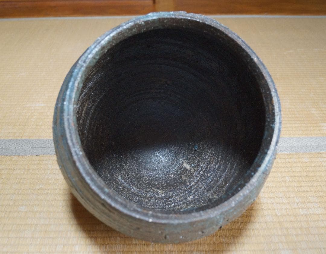 大型青流れ釉大壺 造形飾り壺 大壺 在銘 茶道具 重さ7㎏★時代物★