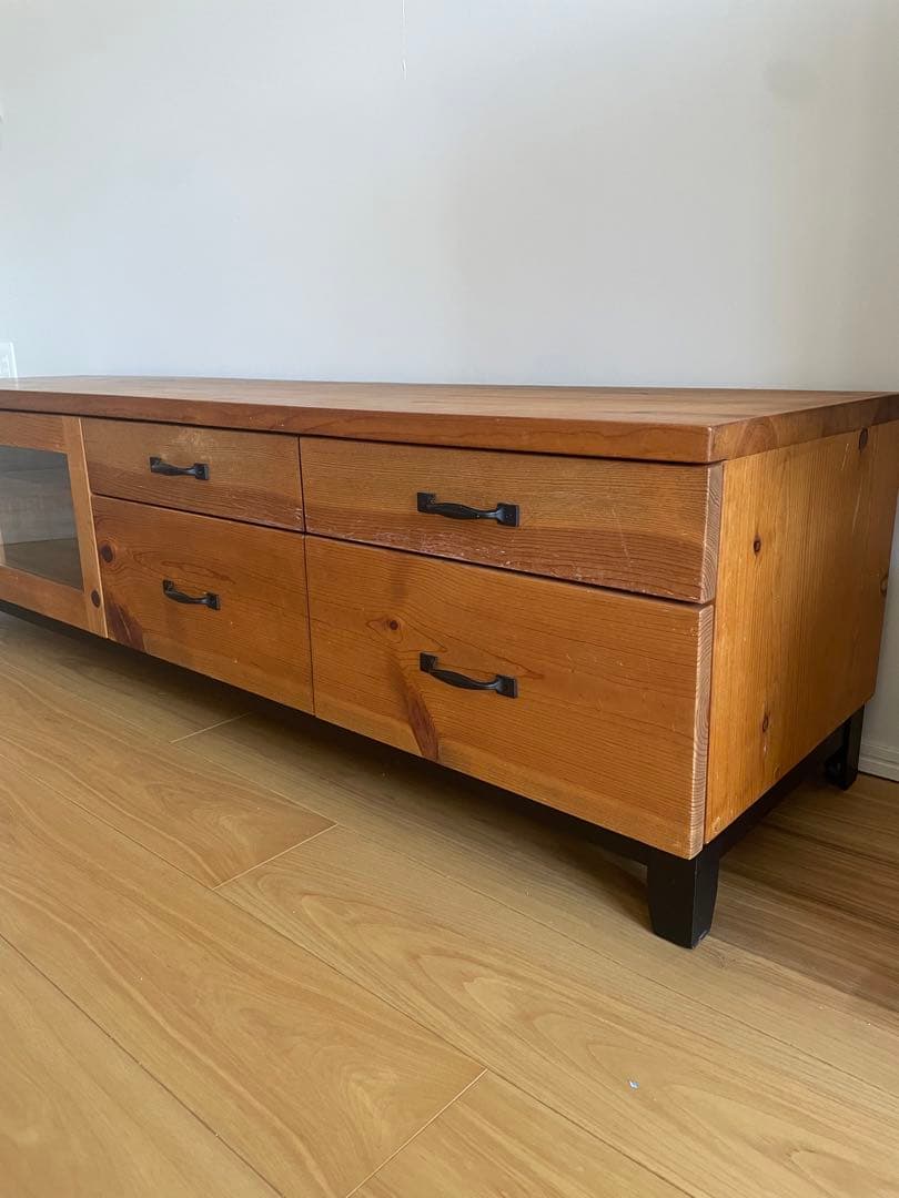 木製テレビ台 ガラス扉付き 4引き出し　アイアン