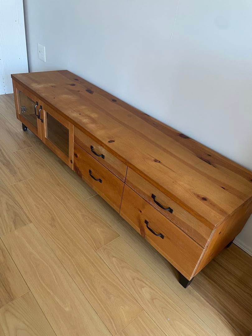 木製テレビ台 ガラス扉付き 4引き出し　アイアン