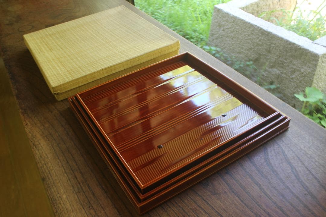 デッドストック！春慶塗の入れ子四方折敷大中小セット（検懐石盆お盆お膳