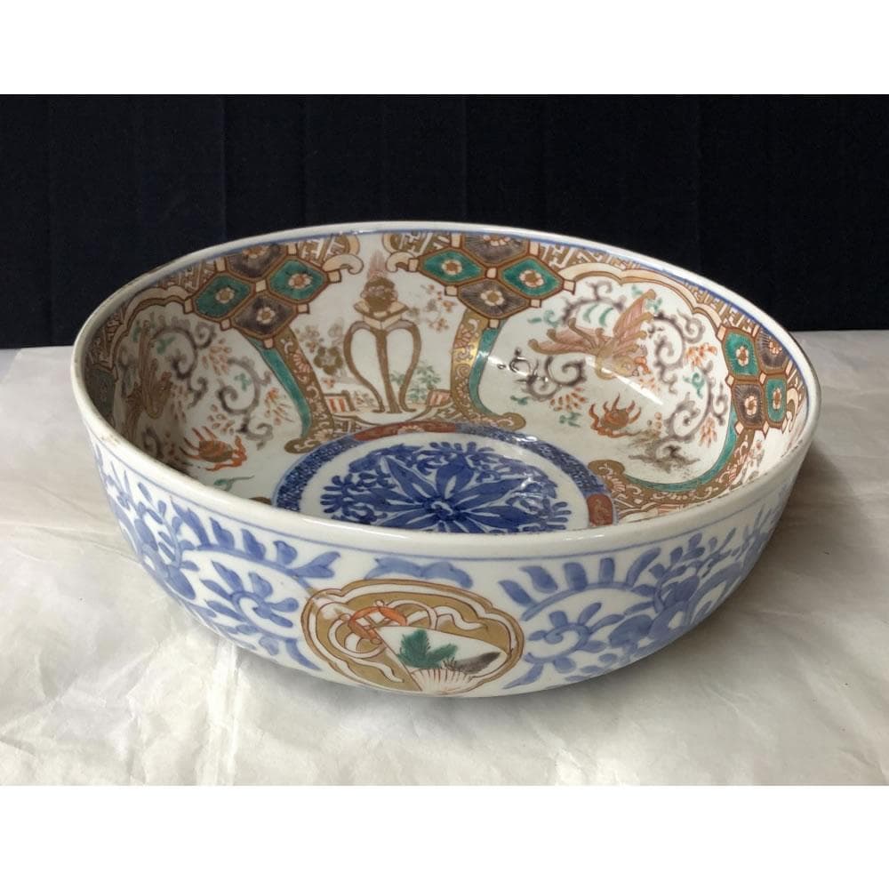 きなこ　e3001 古伊万里 色絵 鉢 径22cm 二重高台