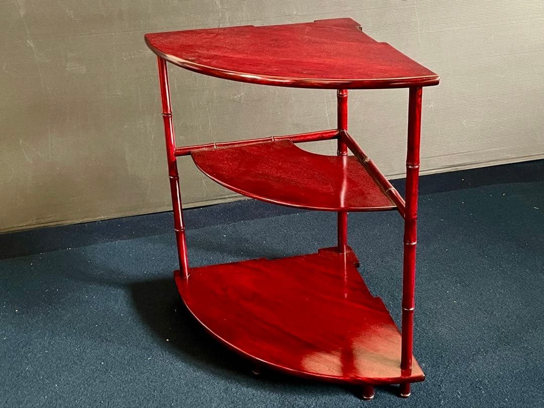 【美品】「祖」 唐木 扇面 竹節 三重棚 煎茶飾り棚 茶棚 紙箱 (27あ①)