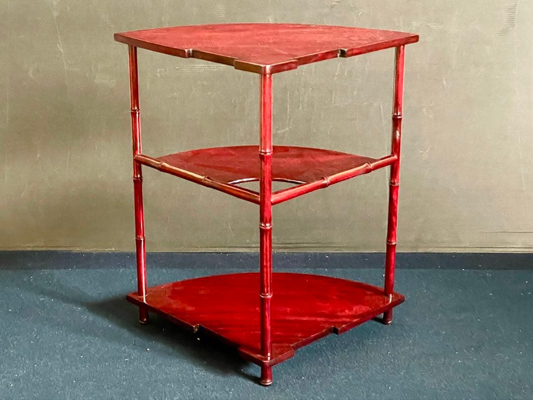 【美品】「祖」 唐木 扇面 竹節 三重棚 煎茶飾り棚 茶棚 紙箱 (27あ①)