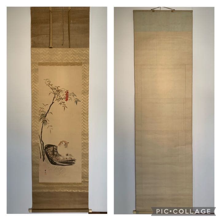 円山派　川端玉章　玉章　南天と犬の絵　日本画