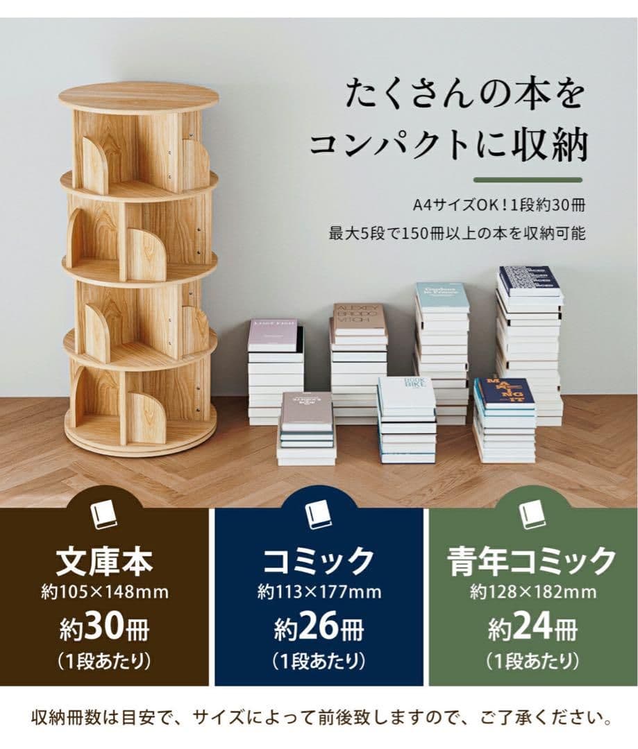 本棚 (回転式本棚) 絵本棚 木製 回転 天然木 3段 4段 ５段C58