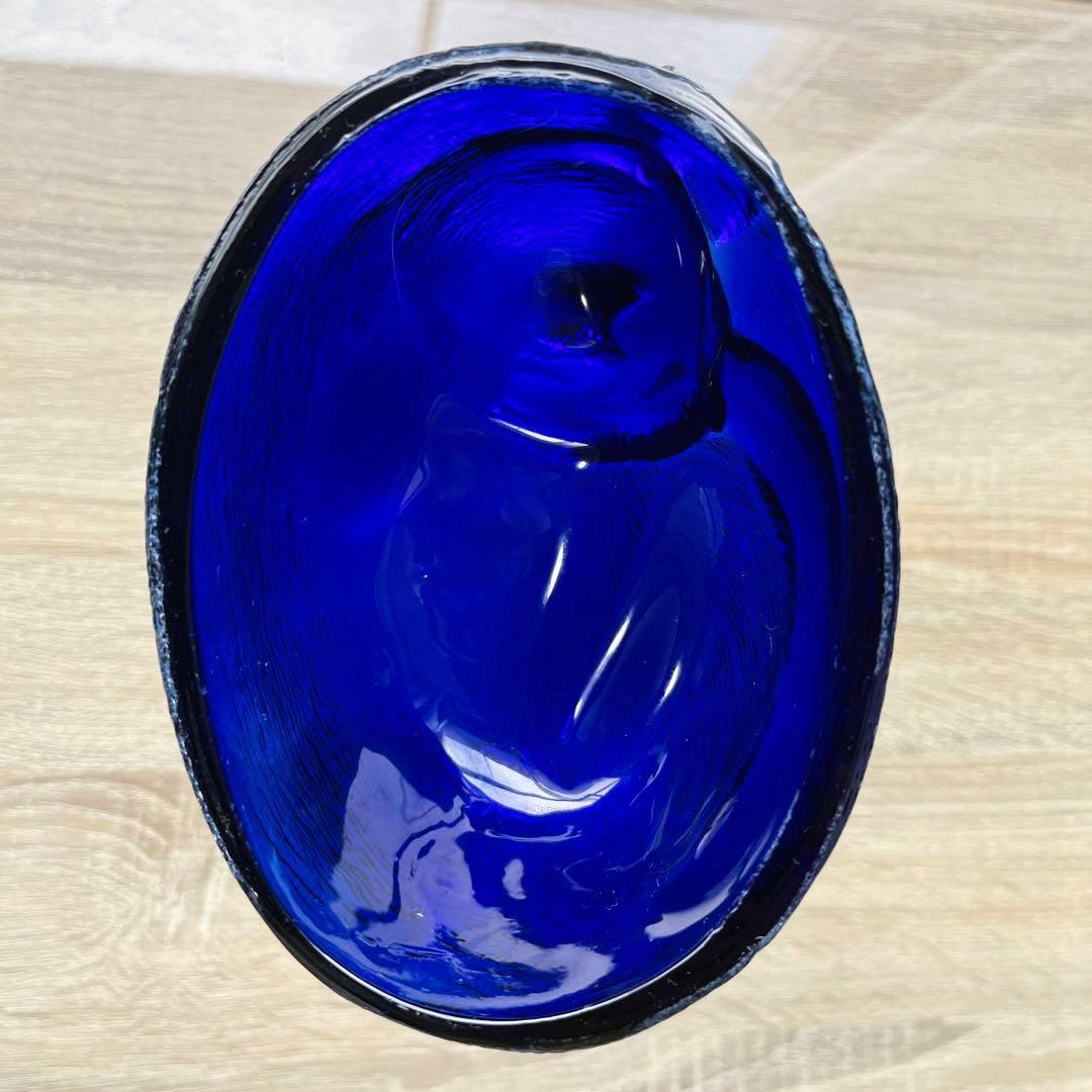 骨董　時代ガラス　希少　瑠璃色ガラス　眠り猫モチーフ　蓋物　菓子瓶　キャニスター