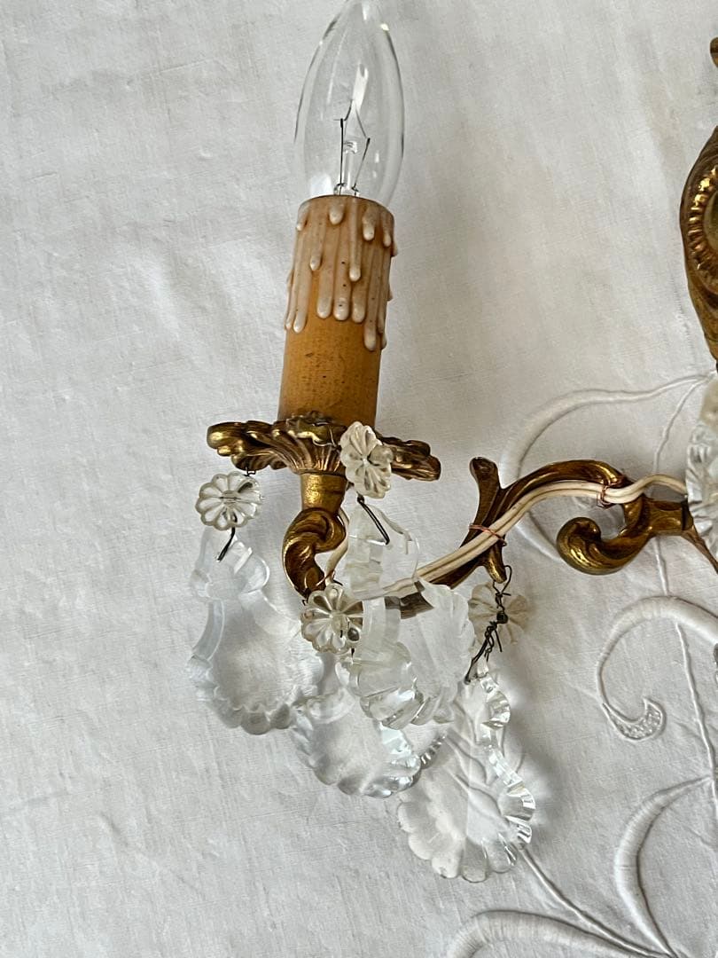 【美品】フランスアンティーク クリスタルドロップ 2灯ブラケット[3026]
