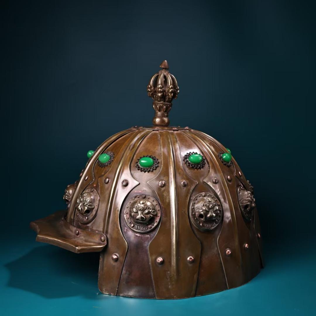 中国古美術 金属製ヘルメット 純銅製 純手作り 極細工 鏨刻 旧家蔵出 唐物