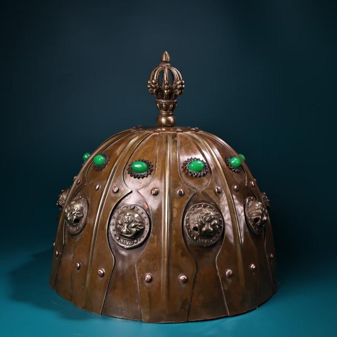 中国古美術 金属製ヘルメット 純銅製 純手作り 極細工 鏨刻 旧家蔵出 唐物