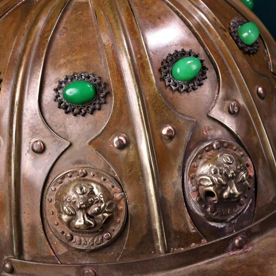 中国古美術 金属製ヘルメット 純銅製 純手作り 極細工 鏨刻 旧家蔵出 唐物