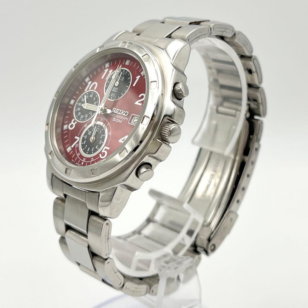 SEIKO 7T92-0CA0 クロノグラフ メンズ 腕時計 新品電池 赤文字盤
