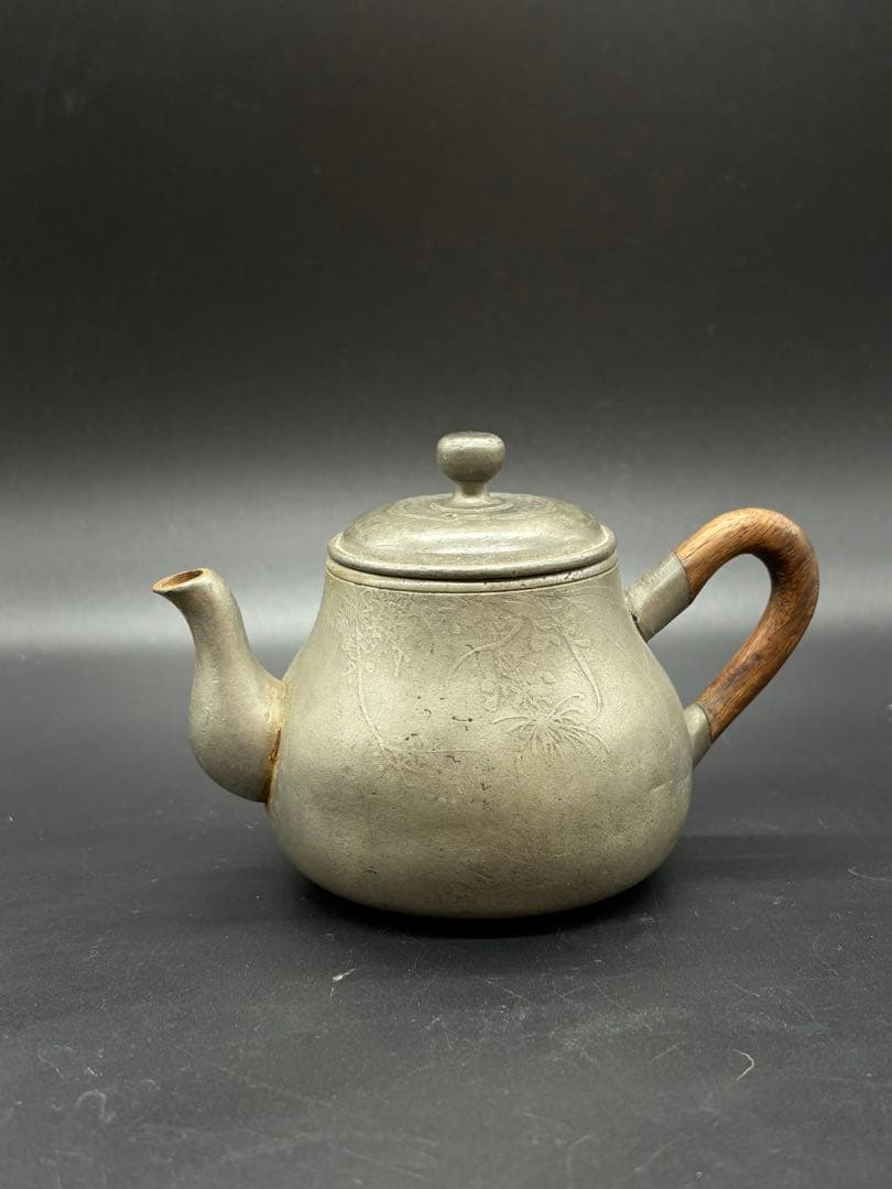 煎茶道具 古錫製 草花紋 木製持手彫細工 一文字急須 /煎茶器 錫器 本錫製