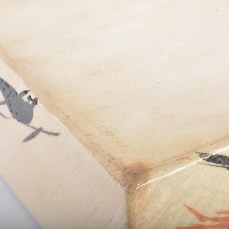 大東製陶　色絵草鳥文　四方鉢　共布　時代箱付　C　6677