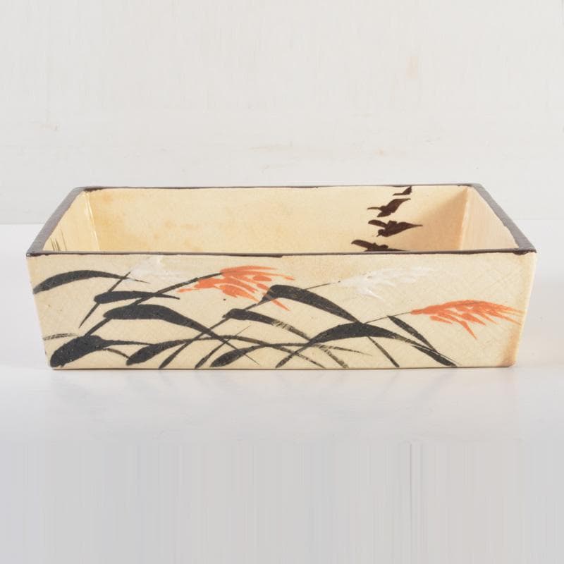 大東製陶　色絵草鳥文　四方鉢　共布　時代箱付　C　6677