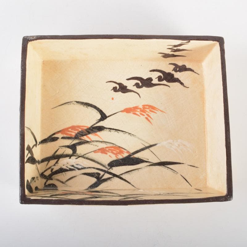 大東製陶　色絵草鳥文　四方鉢　共布　時代箱付　C　6677