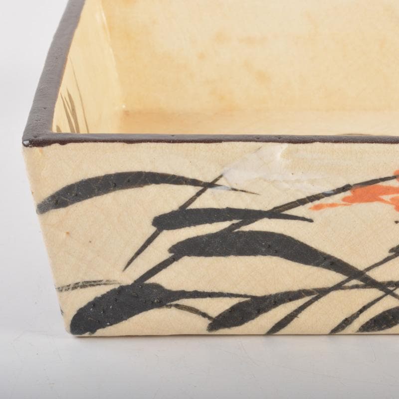 大東製陶　色絵草鳥文　四方鉢　共布　時代箱付　C　6677