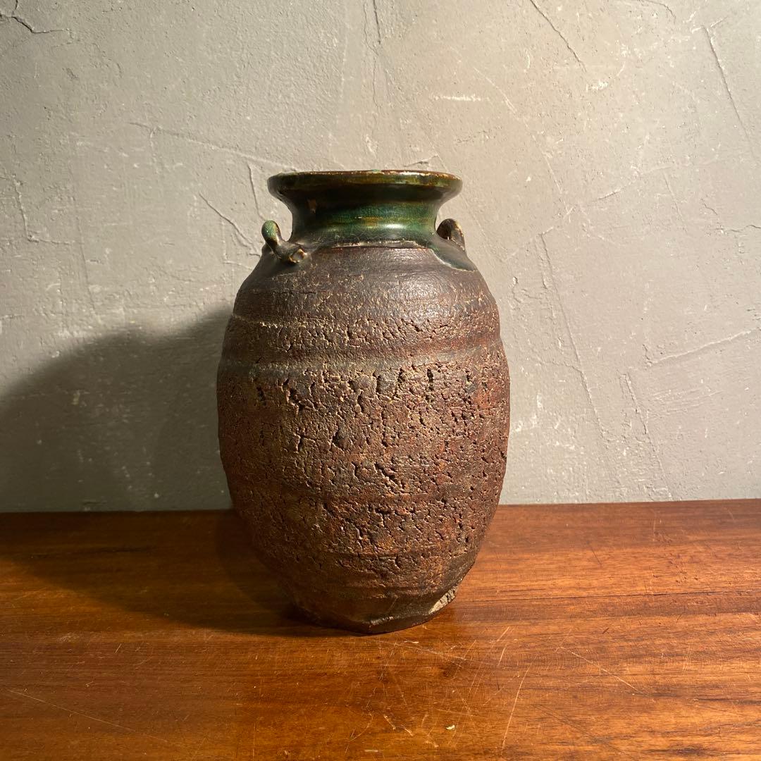 信楽焼 古仙堂 緑釉双耳花入 花瓶 花器 骨董品 時代物 インテリア