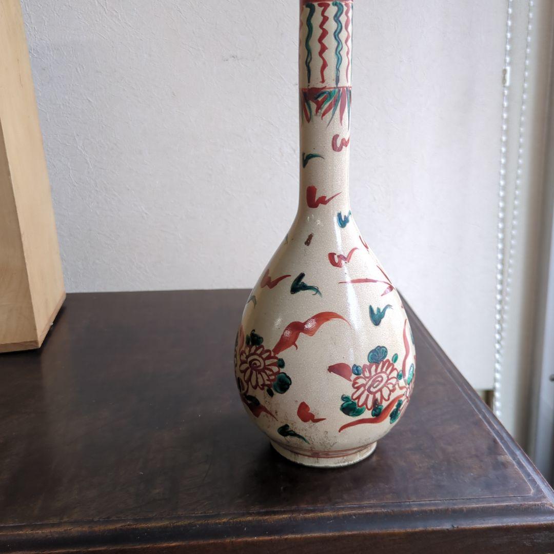 骨董 木米造 花瓶 鶴首 赤絵 花入 茶道具 茶道 陶器 木箱