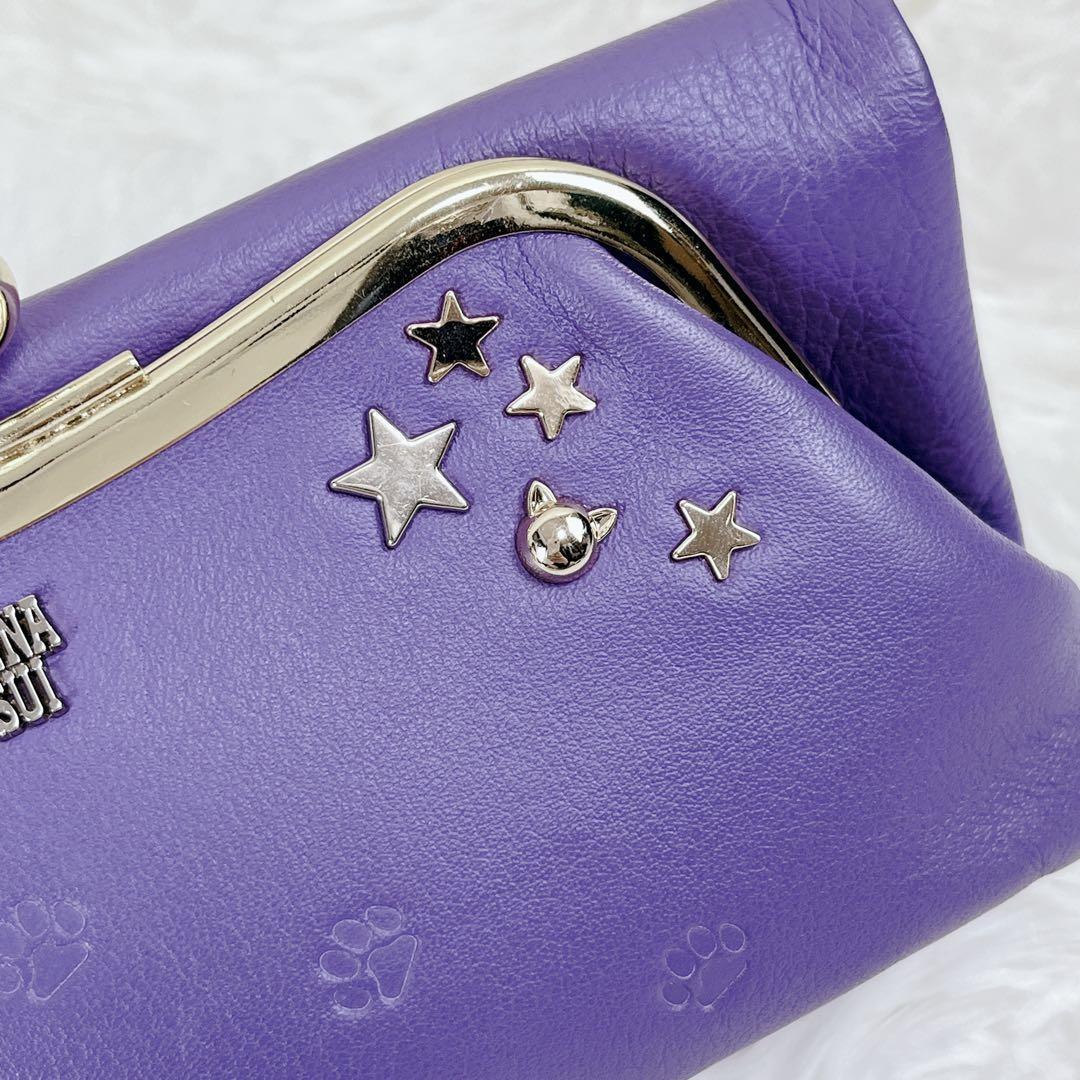 極美品 ANNA SUI 猫 ネズミ 星 本革 レザー がま口 二つ折り財布